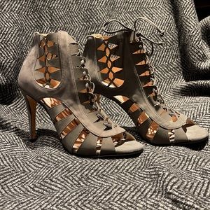 Gray leather cutout and lace up stiletto sandals